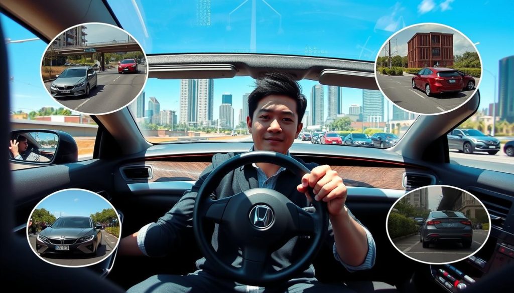A confident driver demonstrating practical driving skills in a modern, well-maintained car on a city street. In the foreground, the driver, a young Asian male in a smart casual outfit, is focused and relaxed, with hands firmly on the wheel. In the middle ground, various driving scenarios surround the vehicle, such as navigating a busy intersection and parking alongside other cars, illustrating essential driving techniques. The background features a sunny urban landscape with clear blue skies and city buildings that suggest a vibrant atmosphere. Natural lighting highlights the driver's concentration while casting gentle shadows, creating a sense of warmth and empowerment. The image conveys a mood of confidence and control, perfect for illustrating practical driving skills. A confident driver demonstrating practical driving skills in a modern, well-maintained car on a city street. In the foreground, the driver, a young Asian male in a smart casual outfit, is focused and relaxed, with hands firmly on the wheel. In the middle ground, various driving scenarios surround the vehicle, such as navigating a busy intersection and parking alongside other cars, illustrating essential driving techniques. The background features a sunny urban landscape with clear blue skies and city buildings that suggest a vibrant atmosphere. Natural lighting highlights the driver's concentration while casting gentle shadows, creating a sense of warmth and empowerment. The image conveys a mood of confidence and control, perfect for illustrating practical driving skills.