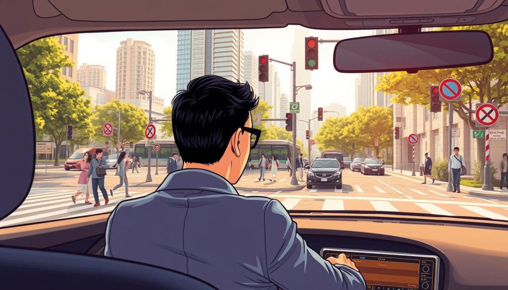A detailed illustration of a busy urban intersection highlighting "左轉技巧" (left turn techniques). The foreground features a well-dressed driver in a modern car, attentively preparing to make a left turn. In the middle ground, pedestrians wait at a crosswalk, with a clear view of the traffic signals and road signs indicating left turn restrictions. The background depicts a mix of high-rise buildings and lush street trees, suggesting an active city environment. The scene is bathed in warm afternoon sunlight, casting soft shadows and enhancing the vibrant colors of the vehicles and surroundings. Capture the sense of careful navigation, emphasizing safety and awareness in urban driving. Use a slight low-angle perspective to create depth and focus on the driver’s attentiveness. A detailed illustration of a busy urban intersection highlighting "左轉技巧" (left turn techniques). The foreground features a well-dressed driver in a modern car, attentively preparing to make a left turn. In the middle ground, pedestrians wait at a crosswalk, with a clear view of the traffic signals and road signs indicating left turn restrictions. The background depicts a mix of high-rise buildings and lush street trees, suggesting an active city environment. The scene is bathed in warm afternoon sunlight, casting soft shadows and enhancing the vibrant colors of the vehicles and surroundings. Capture the sense of careful navigation, emphasizing safety and awareness in urban driving. Use a slight low-angle perspective to create depth and focus on the driver’s attentiveness.