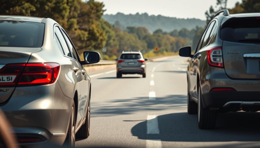 A detailed scene depicting a well-maintained road with two vehicles driving at a safe distance apart. In the foreground, a mid-sized car, shown from a slightly elevated angle, displays clear visibility of its rear and front lights. The middle ground features another vehicle maintaining a proper safety distance, illustrating the concept of "安全車距." The background shows a blurred landscape of trees and traffic signs, suggesting a serene driving atmosphere. Bright daylight illuminates the scene, casting soft shadows on the road. The overall mood is calm and educational, emphasizing safety in driving practices. No people are present in the image, ensuring focus on the vehicles and distance between them.