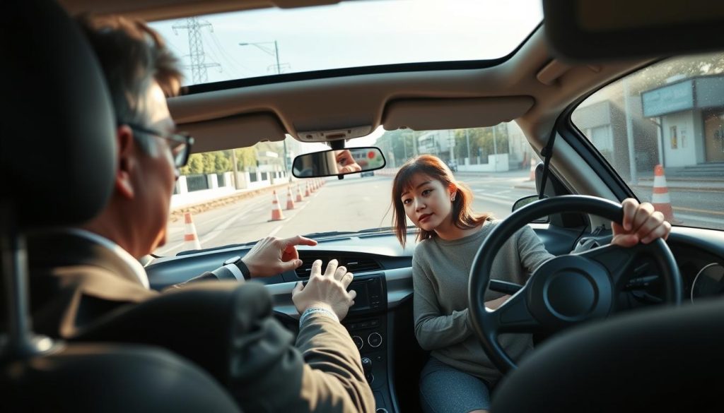 A detailed scene illustrating a driving instructor guiding a student in a car, focusing on the concept of "判斷車距" (judging vehicle distance). In the foreground, show the instructor, a middle-aged man in professional attire, pointing toward the side mirrors while sitting in the passenger seat. The student, a young woman in modest casual clothing, is behind the wheel, looking thoughtfully at the mirrors. In the middle, the car's interior shows a clear view of the dashboard and steering wheel, emphasizing the importance of positioning. In the background, a realistic street scene with cones and markers for distance judgment is visible, with soft natural lighting filtering through the car windows, creating an informative and engaging atmosphere. The camera angle captures both the interior and the external reference points clearly, promoting a focus on vehicle distance assessment.