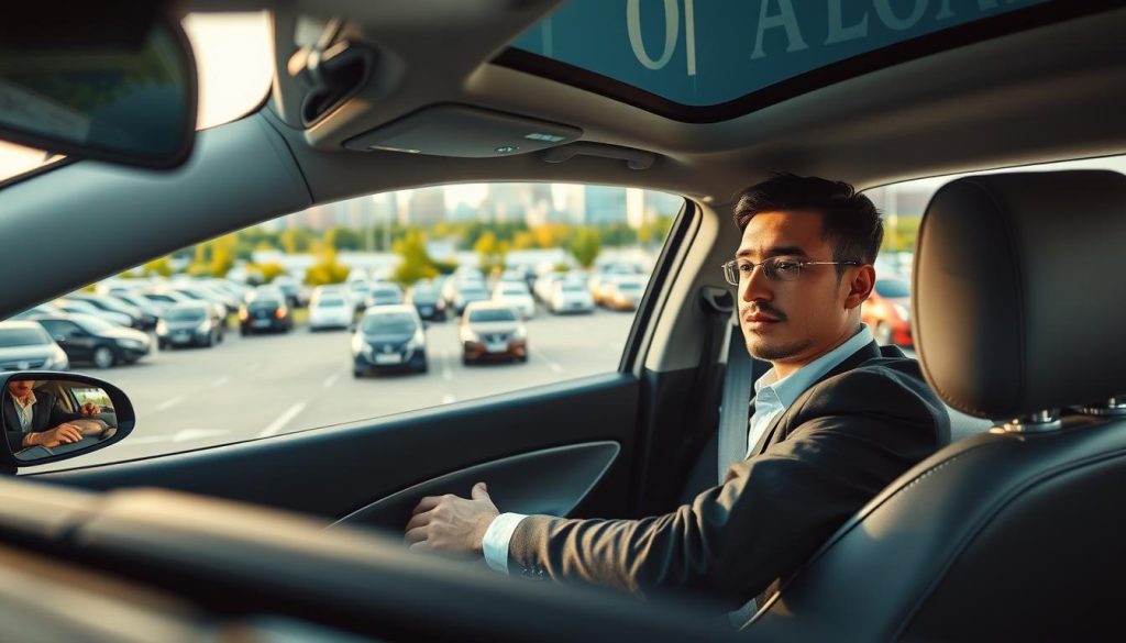 A detailed scene of a driver skillfully performing a reverse parking maneuver in a modern urban setting. In the foreground, a focused individual in professional attire, sitting in a compact car, with their hands on the steering wheel, looks determined. The car is halfway into a parking space, showcasing proper alignment with the lines. In the middle ground, an array of parked cars and a clear view of a parking lot filled with greenery and light, indicating a sunny day. The background features a city skyline, slightly blurred to emphasize the subject. Soft, natural lighting illuminates the scene, creating a warm and approachable atmosphere. The image should reflect a sense of learning and improvement in reversing techniques without any distractions or text overlays.