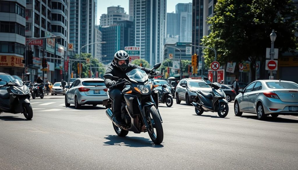 A detailed urban scene showcasing a motorcyclist expertly executing a defensive turn while navigating a busy intersection in Taichung City. In the foreground, the rider, dressed in professional safety gear, leans into the turn, with focused determination. The middle ground features a complex array of vehicles, including cars and scooters, all positioned at different angles to illustrate the chaotic traffic environment. In the background, a vibrant cityscape, marked by high-rise buildings and street signs, captures the essence of the bustling city. Bright daylight filters through the scene, casting dynamic shadows on the asphalt. The overall mood conveys a sense of urgency and the importance of defensive driving techniques in a challenging urban landscape. A detailed urban scene showcasing a motorcyclist expertly executing a defensive turn while navigating a busy intersection in Taichung City. In the foreground, the rider, dressed in professional safety gear, leans into the turn, with focused determination. The middle ground features a complex array of vehicles, including cars and scooters, all positioned at different angles to illustrate the chaotic traffic environment. In the background, a vibrant cityscape, marked by high-rise buildings and street signs, captures the essence of the bustling city. Bright daylight filters through the scene, casting dynamic shadows on the asphalt. The overall mood conveys a sense of urgency and the importance of defensive driving techniques in a challenging urban landscape.