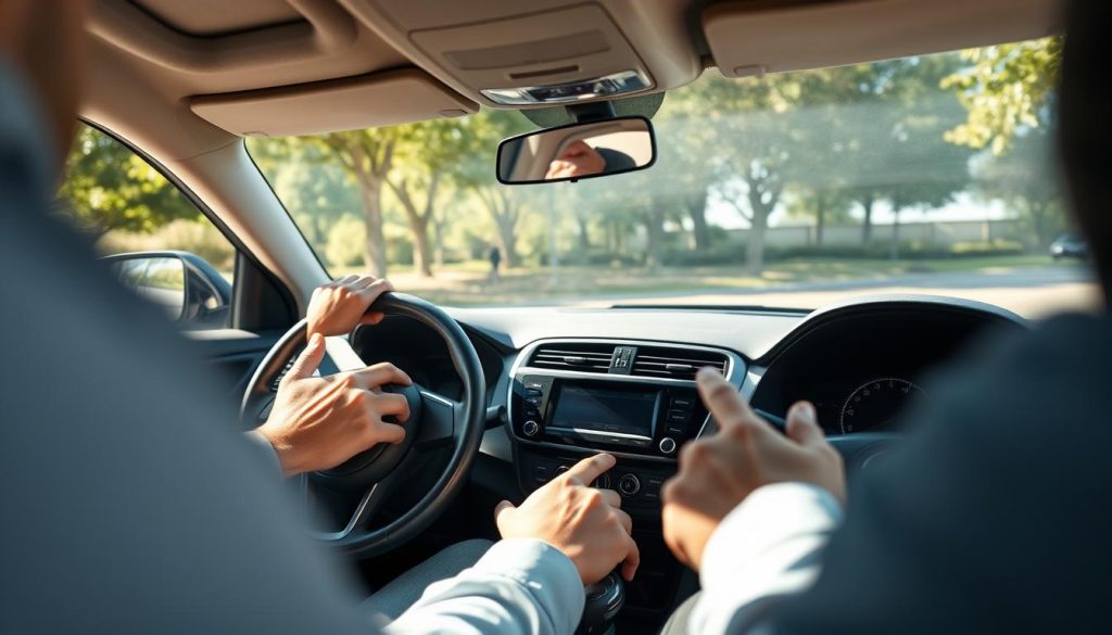 A detailed view of a new driver interacting with their vehicle in a well-lit setting, focusing on the console and controls. The foreground shows the driver's hands adjusting the steering wheel and dashboard buttons, showcasing features like a digital display and climate controls. In the middle, the driver, dressed in casual but neat clothing, has a focused expression, indicating concentration on learning the vehicle's operations. The background reveals a parked car in a bright, sunny environment with trees casting soft shadows, creating a welcoming atmosphere. The shot is taken from a slightly elevated angle to capture both the driver and the interior details clearly, emphasizing the importance of vehicle familiarity. The overall mood is one of learning and confidence-building. A detailed view of a new driver interacting with their vehicle in a well-lit setting, focusing on the console and controls. The foreground shows the driver's hands adjusting the steering wheel and dashboard buttons, showcasing features like a digital display and climate controls. In the middle, the driver, dressed in casual but neat clothing, has a focused expression, indicating concentration on learning the vehicle's operations. The background reveals a parked car in a bright, sunny environment with trees casting soft shadows, creating a welcoming atmosphere. The shot is taken from a slightly elevated angle to capture both the driver and the interior details clearly, emphasizing the importance of vehicle familiarity. The overall mood is one of learning and confidence-building.