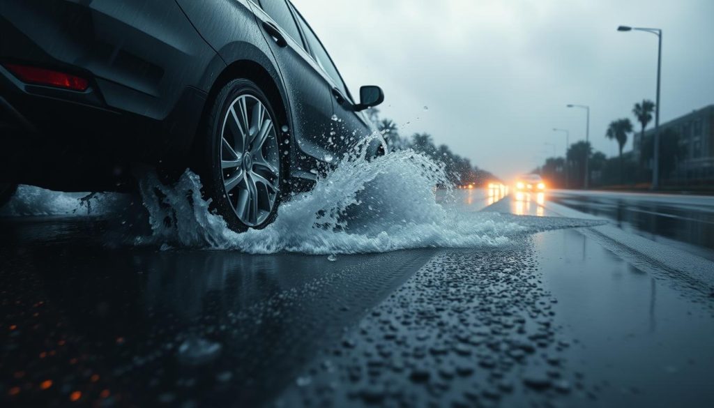 A dramatic scene illustrating the phenomenon of hydroplaning during a rainy drive. In the foreground, a car is splashing through a large puddle, with water spraying dynamically around the tires, capturing the moment when it begins to lose traction. In the middle ground, tall wet asphalt roads reflect the gloomy sky, while faint outlines of trees and buildings appear blurred in the background due to the rain. The setting is during twilight, with soft, diffused light creating an overcast atmosphere. Use a low-angle perspective to emphasize the car's struggle against the water, and include subtle streaks of raindrops falling through the air. The mood is tense and cautionary, capturing the dangers of driving in wet conditions.