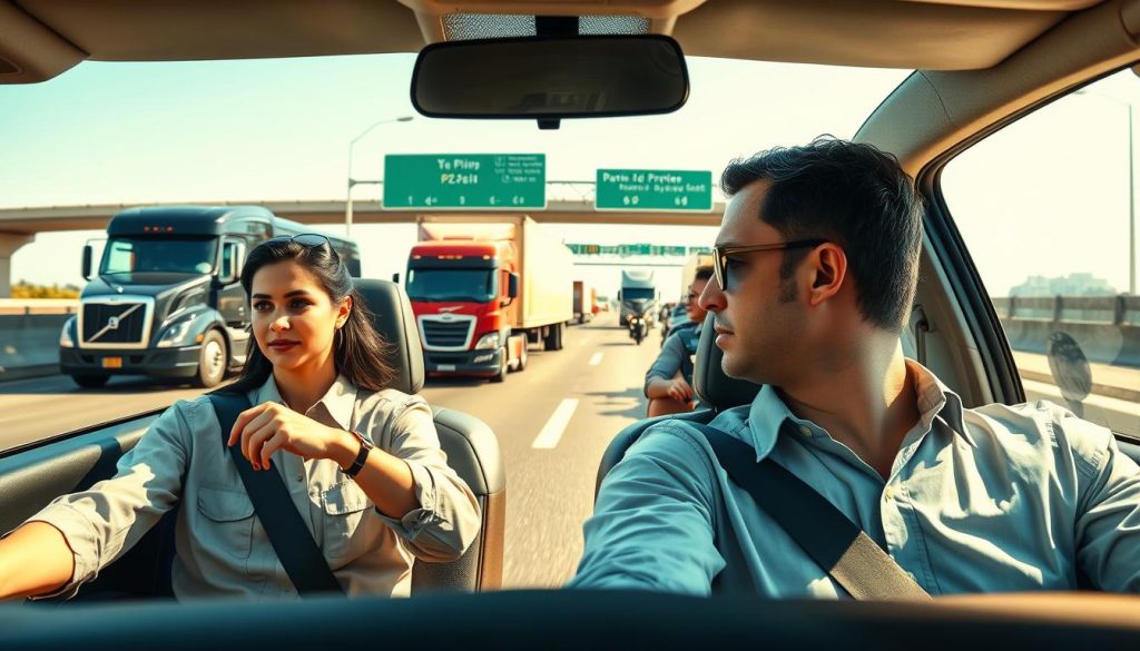 A dynamic scene depicting a defensive driving scenario on a busy highway, showcasing a diverse group of professional drivers in modest, casual clothing. In the foreground, a focused driver in a sleek sedan is scanning the road, demonstrating keen anticipation of potential hazards. The middle layer features multiple vehicles, including trucks and motorcycles, each exhibiting various driving maneuvers. The background reveals a bustling highway with clear signage, overpasses, and a bright blue sky, bathed in warm, natural sunlight. The image captures the essence of vigilance and preparedness, evoking a sense of safety and responsibility in fast-paced driving environments. The angle emphasizes the driver's perspective, creating a realistic sense of motion and urgency. A dynamic scene depicting a defensive driving scenario on a busy highway, showcasing a diverse group of professional drivers in modest, casual clothing. In the foreground, a focused driver in a sleek sedan is scanning the road, demonstrating keen anticipation of potential hazards. The middle layer features multiple vehicles, including trucks and motorcycles, each exhibiting various driving maneuvers. The background reveals a bustling highway with clear signage, overpasses, and a bright blue sky, bathed in warm, natural sunlight. The image captures the essence of vigilance and preparedness, evoking a sense of safety and responsibility in fast-paced driving environments. The angle emphasizes the driver's perspective, creating a realistic sense of motion and urgency.