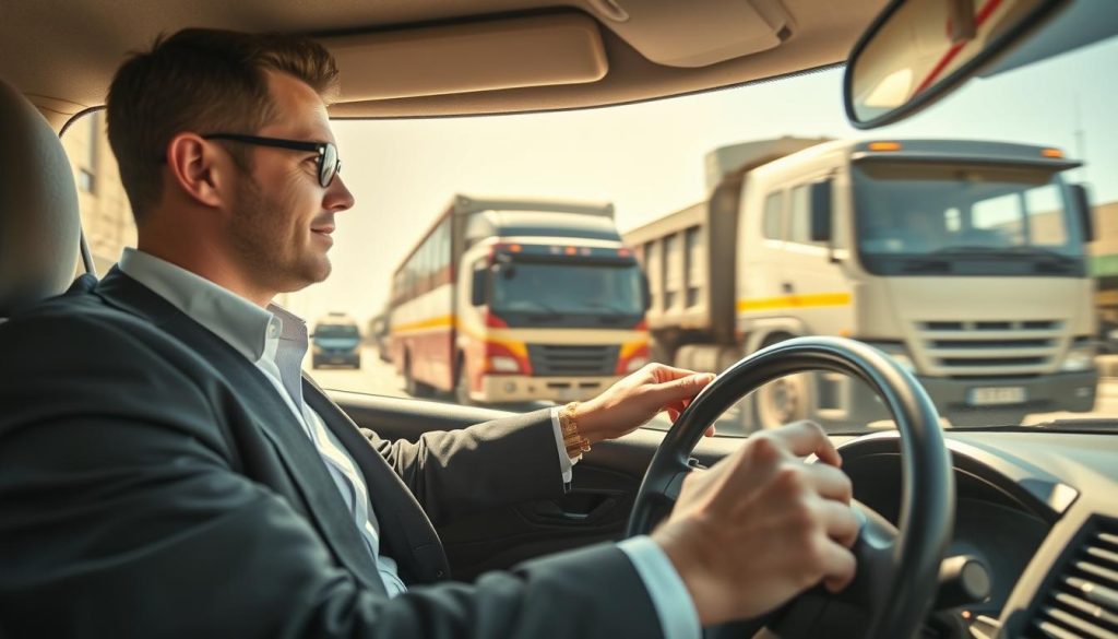 A dynamic scene depicting defensive driving, focusing on a car navigating safely next to large vehicles like a bus and a gravel truck. In the foreground, a professional driver in smart casual attire is attentively steering the wheel, displaying a confident yet cautious expression. The middle layer features the large vehicles, emphasizing a clear safety gap between them and the car. In the background, a busy urban street with blurred motion of other vehicles conveys the urgency of the environment. The lighting is bright and sunny, highlighting the importance of visibility in safe driving practices. The angle is slightly elevated, capturing the scene from a driver's perspective, creating a mood of alertness and preparedness in road situations.