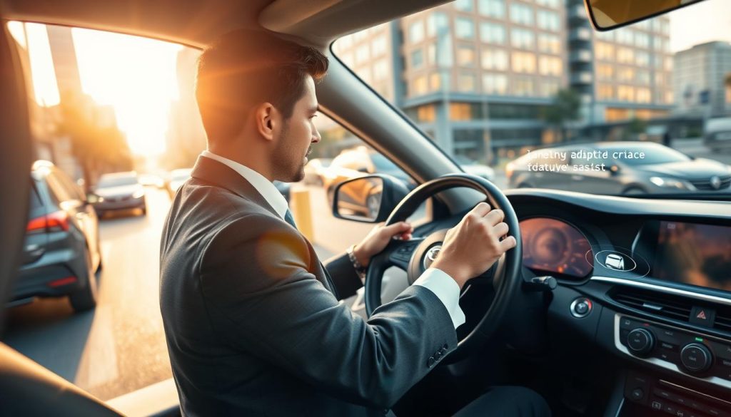 A dynamic scene showcasing a modern car equipped with advanced driving assistance systems on a busy urban road. In the foreground, a focused driver in a professional business suit is adjusting the steering wheel, demonstrating skillful maneuvering. The middle ground features the car surrounded by safety features like lane assist and adaptive cruise control graphics subtly incorporated in the design. The background shows a cityscape with buildings reflecting soft afternoon light, creating a warm and engaging atmosphere. The scene is captured from a slightly elevated angle to highlight the vehicle and its surroundings, using bright, natural lighting to enhance visibility and detail. The mood is focused and determined, illustrating the enhancement of driving skills through technology.