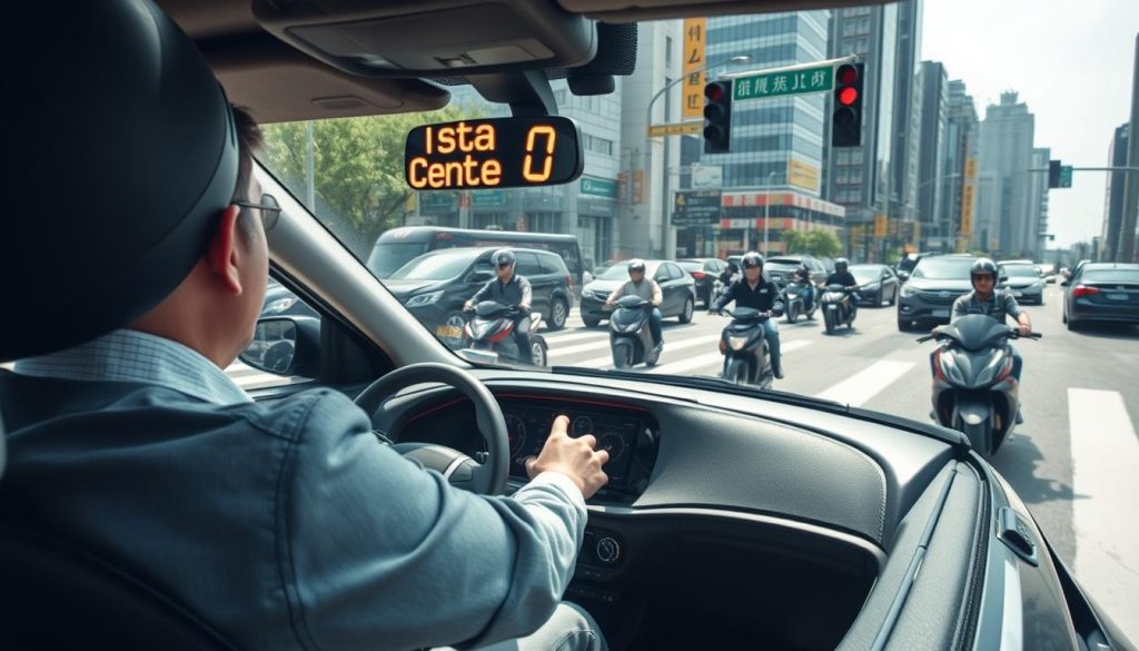 A dynamic urban scene depicting a driver in a modern car maintaining a safe following distance from a motorcycle in a busy Taichung intersection. The foreground features the driver's focused expression, wearing professional casual attire, showcasing their attention to speed control and safety. The middle ground includes multiple motorcycles and cars, creating a sense of congestion, with a traffic light signaling red. In the background, city buildings and street signs are visible, emphasizing the complexity of the environment. The lighting is bright and clear, simulating midday conditions, while the angle captures the action from a slightly elevated perspective, conveying a sense of vigilance and responsibility amidst the bustling traffic. The overall mood is one of alertness and professionalism. A dynamic urban scene depicting a driver in a modern car maintaining a safe following distance from a motorcycle in a busy Taichung intersection. The foreground features the driver's focused expression, wearing professional casual attire, showcasing their attention to speed control and safety. The middle ground includes multiple motorcycles and cars, creating a sense of congestion, with a traffic light signaling red. In the background, city buildings and street signs are visible, emphasizing the complexity of the environment. The lighting is bright and clear, simulating midday conditions, while the angle captures the action from a slightly elevated perspective, conveying a sense of vigilance and responsibility amidst the bustling traffic. The overall mood is one of alertness and professionalism.