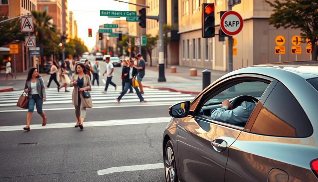 A dynamic urban scene depicting a safe right turn at an intersection. In the foreground, a modestly dressed driver in a business casual outfit carefully steers a compact car, signaling with a turn indicator. The middle ground showcases a busy crosswalk, featuring diverse pedestrians, including a woman with a briefcase and a child holding an adult's hand, waiting to cross. The background reveals traffic lights and road signs emphasizing safety. The setting is during golden hour, casting a warm glow over the scene, enhancing the mood of vigilance and care. The perspective is slightly elevated, giving a clear view of the intersection, while ensuring a focus on the correct techniques for executing a right turn safely. A dynamic urban scene depicting a safe right turn at an intersection. In the foreground, a modestly dressed driver in a business casual outfit carefully steers a compact car, signaling with a turn indicator. The middle ground showcases a busy crosswalk, featuring diverse pedestrians, including a woman with a briefcase and a child holding an adult's hand, waiting to cross. The background reveals traffic lights and road signs emphasizing safety. The setting is during golden hour, casting a warm glow over the scene, enhancing the mood of vigilance and care. The perspective is slightly elevated, giving a clear view of the intersection, while ensuring a focus on the correct techniques for executing a right turn safely.