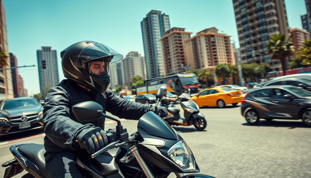 A dynamic urban scene illustrating defensive driving techniques in a city setting. In the foreground, a focused motorcyclist in professional riding gear navigates through a busy intersection, showcasing alertness and control. The middle layer features various vehicles, including cars and scooters, weaving through traffic, emphasizing the chaos of urban riding. The background displays tall city buildings under a clear blue sky, adding depth to the cityscape. The lighting is bright and natural, casting soft shadows, and the angle captures a slightly elevated view to highlight the interplay between the motorcyclist and surrounding vehicles. The overall mood balances tension and concentration, reflecting the importance of vigilance in defensive driving practices.