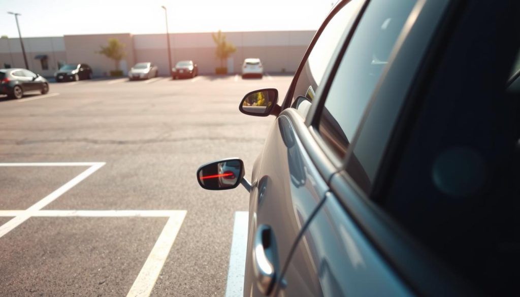 A focused scene depicting a compact car executing a precise reverse parking maneuver into a parking space. In the foreground, the sleek car is positioned at an angle, showing the driver's side with a visible side mirror reflecting the parking lines. The middle ground features a well-marked parking lot with clearly defined spaces, while additional vehicles are seen parked in the background, adding context. The lighting is bright and natural, suggesting a sunny day, enhancing visibility. The camera angle is low, capturing the car's rear and the parking space ahead. The mood is instructional and calm, suitable for showcasing practical driving techniques, without any human subjects present.
