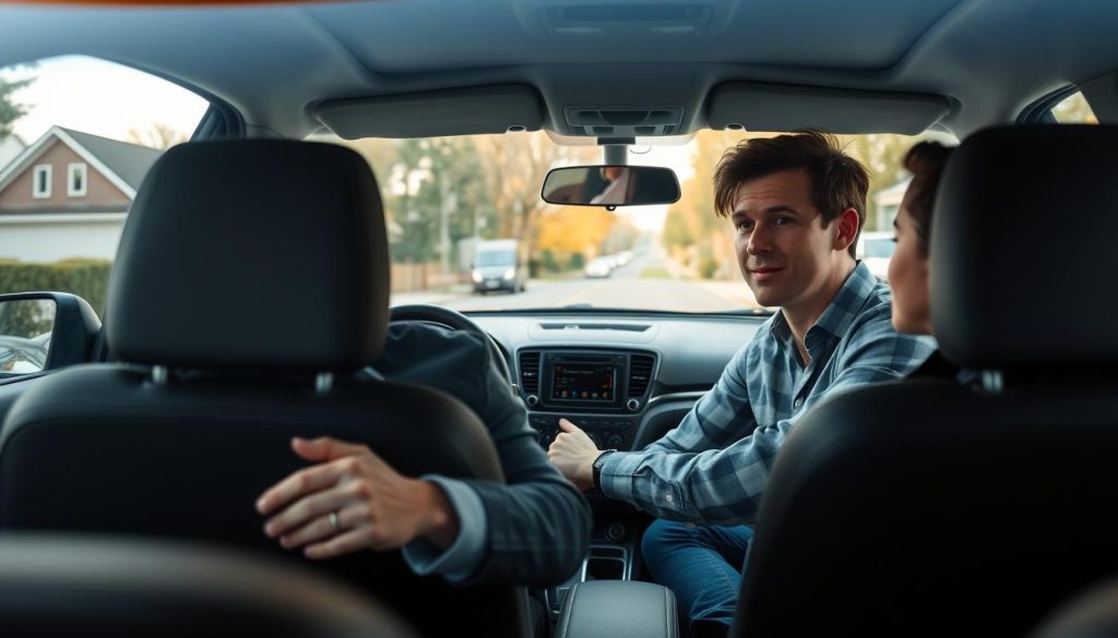A focused scene depicting a professional driving instructor in a modern vehicle, engaged in a teaching scenario with a young student. The instructor, dressed in smart casual attire, is demonstrating techniques calmly and effectively from the driver's seat. The student, wearing modest casual clothing, appears attentive, absorbing the information. In the foreground, the car's interior is well-lit, showcasing quality materials and a dashboard filled with instructional tools. In the middle ground, through the windows, a safe, suburban street is visible, lined with trees and houses that hint at a peaceful, learning-friendly environment. The lighting is soft and warm, creating an inviting atmosphere, captured from a slightly elevated angle to convey authority and engagement. No text or logos are present in the image, ensuring a clean and professional visual.