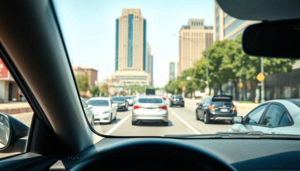 A focused view from the perspective of a new driver in a car, capturing the critical blind spots for lane changing. In the foreground, a side mirror reflects a surrounding traffic scene showcasing a bustling urban street, with cars in adjacent lanes. The middle ground presents a hint of another vehicle approaching, emphasizing the importance of awareness for safety. The background features a vibrant cityscape with tall buildings and streetlights. The lighting is bright, emulating daylight conditions, with soft shadows enhancing the features of the cars. The atmosphere conveys a sense of attention and caution. The composition is shot from the driver's perspective, mimicking a slightly lower angle for realism. A focused view from the perspective of a new driver in a car, capturing the critical blind spots for lane changing. In the foreground, a side mirror reflects a surrounding traffic scene showcasing a bustling urban street, with cars in adjacent lanes. The middle ground presents a hint of another vehicle approaching, emphasizing the importance of awareness for safety. The background features a vibrant cityscape with tall buildings and streetlights. The lighting is bright, emulating daylight conditions, with soft shadows enhancing the features of the cars. The atmosphere conveys a sense of attention and caution. The composition is shot from the driver's perspective, mimicking a slightly lower angle for realism.