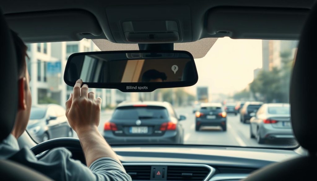 A modern car interior scene showcasing a driver adjusting their rearview mirror while checking for blind spots. The foreground features the driver, a casually dressed person focused on the road. In the middle, the rearview and side mirrors are clearly visible, highlighting the advanced technology they contain, such as blind spot indicators. The background presents a busy urban street, with other vehicles transitioning lanes. Soft, natural lighting bathes the scene, creating a clear view of the mirrors and the driver’s concentration. The image conveys a sense of safety and attentiveness, emphasizing the importance of utilizing technology to reduce visual blind spots while driving. A modern car interior scene showcasing a driver adjusting their rearview mirror while checking for blind spots. The foreground features the driver, a casually dressed person focused on the road. In the middle, the rearview and side mirrors are clearly visible, highlighting the advanced technology they contain, such as blind spot indicators. The background presents a busy urban street, with other vehicles transitioning lanes. Soft, natural lighting bathes the scene, creating a clear view of the mirrors and the driver’s concentration. The image conveys a sense of safety and attentiveness, emphasizing the importance of utilizing technology to reduce visual blind spots while driving.