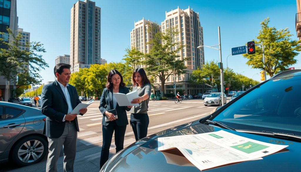 A modern city street scene capturing a diverse group of individuals, all dressed in professional business attire and modest casual clothing, engaged in various activities. In the foreground, a person confidently reviewing a driving manual while standing by a parked car. To the left, a couple discussing road signs and traffic rules while pointing at a map spread on the hood of their vehicle. The middle ground features a bustling intersection with cars, bicycles, and pedestrians, showcasing the dynamic road environment. The background reveals tall buildings and green trees under a bright blue sky, symbolizing a clear day. Soft, natural lighting enhances the urban atmosphere, creating a mood of readiness and empowerment for re-entering driving. The angle provides a street-level perspective, immersing the viewer in the scene without any text or distractions. A modern city street scene capturing a diverse group of individuals, all dressed in professional business attire and modest casual clothing, engaged in various activities. In the foreground, a person confidently reviewing a driving manual while standing by a parked car. To the left, a couple discussing road signs and traffic rules while pointing at a map spread on the hood of their vehicle. The middle ground features a bustling intersection with cars, bicycles, and pedestrians, showcasing the dynamic road environment. The background reveals tall buildings and green trees under a bright blue sky, symbolizing a clear day. Soft, natural lighting enhances the urban atmosphere, creating a mood of readiness and empowerment for re-entering driving. The angle provides a street-level perspective, immersing the viewer in the scene without any text or distractions.