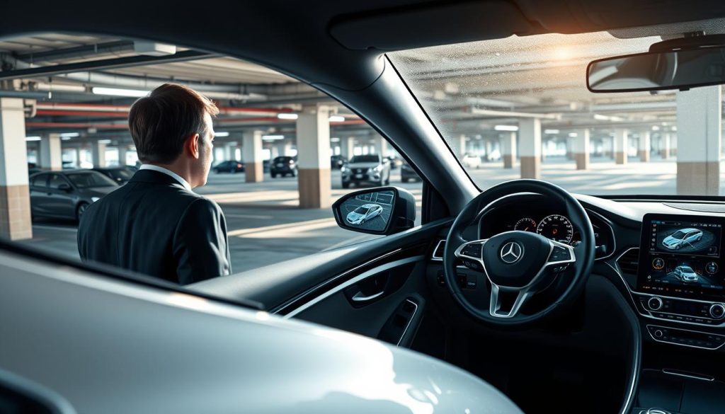 A modern parking lot scene featuring an advanced "surround view system" in action. In the foreground, a sleek car is parked, with its display dashboard showing a virtual 360-degree view around it. The middle ground showcases a driver, professionally dressed, intently observing the screen, demonstrating concentration and safety. In the background, various parking spaces are visible, equipped with high-tech cameras and sensors, under bright yet soft daylight. The atmosphere conveys a sense of innovation and safety, highlighting the importance of technology in enhancing parking security. Utilize a slightly elevated angle to capture a comprehensive view of the surroundings while ensuring the focus remains on the car’s dashboard and driver’s engagement. A modern parking lot scene featuring an advanced "surround view system" in action. In the foreground, a sleek car is parked, with its display dashboard showing a virtual 360-degree view around it. The middle ground showcases a driver, professionally dressed, intently observing the screen, demonstrating concentration and safety. In the background, various parking spaces are visible, equipped with high-tech cameras and sensors, under bright yet soft daylight. The atmosphere conveys a sense of innovation and safety, highlighting the importance of technology in enhancing parking security. Utilize a slightly elevated angle to capture a comprehensive view of the surroundings while ensuring the focus remains on the car’s dashboard and driver’s engagement.
