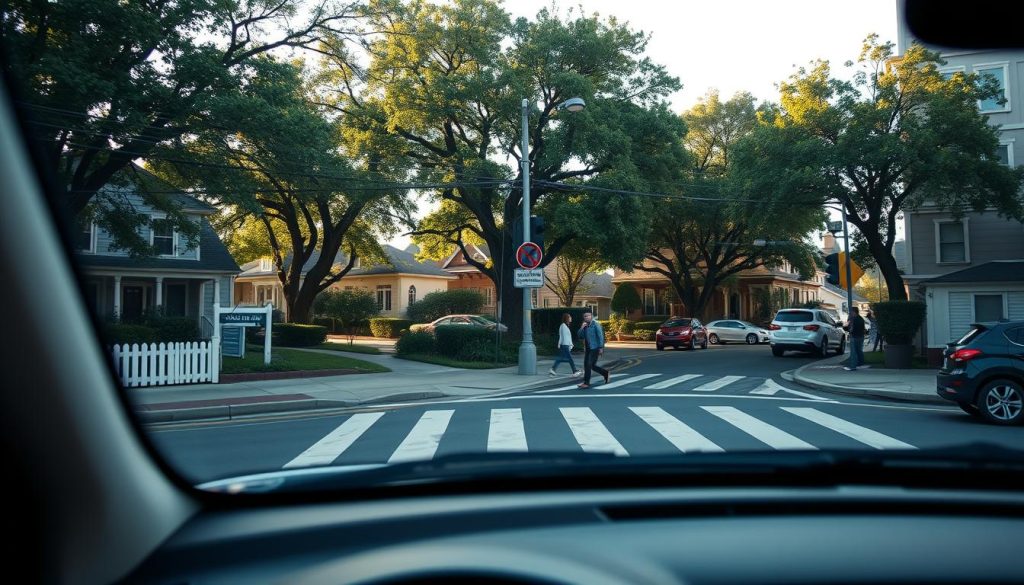 A narrow urban intersection viewed from a driver's perspective, capturing the critical blind spots around a right turn. In the foreground, a car waits to turn right, its driver peering cautiously around the corner. The middle ground features pedestrians crossing at a marked crosswalk, highlighting the importance of visibility and awareness at such junctions. The background shows a quaint neighborhood with lush trees lining the street, adding contrast to the busy scene. Soft afternoon sunlight filters through the trees, casting gentle shadows, while the angle of view provides an immersive sense of depth. The mood conveys tension and vigilance, emphasizing the need for careful navigation in these potentially hazardous areas. A narrow urban intersection viewed from a driver's perspective, capturing the critical blind spots around a right turn. In the foreground, a car waits to turn right, its driver peering cautiously around the corner. The middle ground features pedestrians crossing at a marked crosswalk, highlighting the importance of visibility and awareness at such junctions. The background shows a quaint neighborhood with lush trees lining the street, adding contrast to the busy scene. Soft afternoon sunlight filters through the trees, casting gentle shadows, while the angle of view provides an immersive sense of depth. The mood conveys tension and vigilance, emphasizing the need for careful navigation in these potentially hazardous areas.