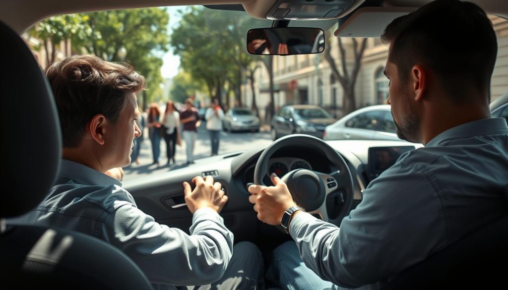 A nervous driver in a compact car, anxiously gripping the steering wheel while attempting to parallel park in a tight urban space. The foreground features the driver, a professional in modest casual clothing, showing visible signs of stress with furrowed brows and a fidgety posture. In the middle ground, the car is positioned close to the curb, surrounded by onlookers watching the parking attempt, contributing to the driver’s anxiety. The background captures a bustling city street with pedestrians and nearby parked cars, emphasizing the pressure of the situation. Natural sunlight filters through the trees lining the street, casting soft shadows. The overall atmosphere conveys tension mixed with determination, illustrating the battle against parking anxiety in a relatable and empathetic manner. A nervous driver in a compact car, anxiously gripping the steering wheel while attempting to parallel park in a tight urban space. The foreground features the driver, a professional in modest casual clothing, showing visible signs of stress with furrowed brows and a fidgety posture. In the middle ground, the car is positioned close to the curb, surrounded by onlookers watching the parking attempt, contributing to the driver’s anxiety. The background captures a bustling city street with pedestrians and nearby parked cars, emphasizing the pressure of the situation. Natural sunlight filters through the trees lining the street, casting soft shadows. The overall atmosphere conveys tension mixed with determination, illustrating the battle against parking anxiety in a relatable and empathetic manner.