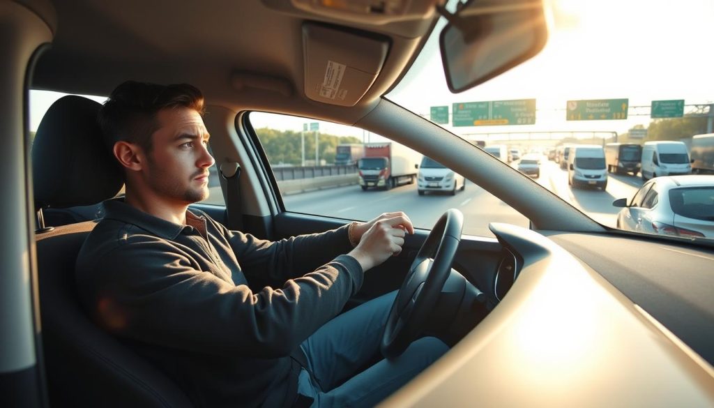 A nervous new driver behind the wheel of a compact car, sitting in the driver's seat with hands gripping the steering wheel tightly. The car is parked at the edge of a busy on-ramp to a highway, showcasing colorful traffic signs and an array of vehicles in the background, such as trucks and sedans. Soft, natural sunlight filters through the car windows, creating a sense of warmth and support. The driver, wearing a casual yet neat outfit, has a focused expression, conveying determination and a slight tension. The scene is captured from an angle that emphasizes both the driver's emotions and the bustling road ahead, symbolizing the journey into confident driving on the expressway, with a hopeful atmosphere surrounding the new experience. A nervous new driver behind the wheel of a compact car, sitting in the driver's seat with hands gripping the steering wheel tightly. The car is parked at the edge of a busy on-ramp to a highway, showcasing colorful traffic signs and an array of vehicles in the background, such as trucks and sedans. Soft, natural sunlight filters through the car windows, creating a sense of warmth and support. The driver, wearing a casual yet neat outfit, has a focused expression, conveying determination and a slight tension. The scene is captured from an angle that emphasizes both the driver's emotions and the bustling road ahead, symbolizing the journey into confident driving on the expressway, with a hopeful atmosphere surrounding the new experience.