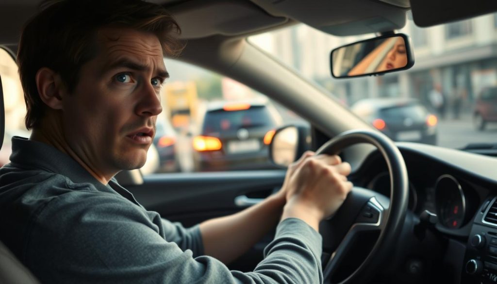 A person displaying anxiety while sitting in the driver's seat of a car, hands gripping the steering wheel tightly. The foreground shows a close-up of their anxious face, portraying a mix of fear and determination. In the middle, the interior of the car is visible with the dashboard and rearview mirror reflecting the outside world fuzzily. In the background, a busy urban street scene with blurred traffic and pedestrians conveys the overwhelming nature of driving for someone with anxiety. Soft natural lighting filters through the windows, creating a tense yet hopeful atmosphere. The scene captures the emotional struggle of facing driving fears, emphasizing the urgency and intensity of the moment. A person displaying anxiety while sitting in the driver's seat of a car, hands gripping the steering wheel tightly. The foreground shows a close-up of their anxious face, portraying a mix of fear and determination. In the middle, the interior of the car is visible with the dashboard and rearview mirror reflecting the outside world fuzzily. In the background, a busy urban street scene with blurred traffic and pedestrians conveys the overwhelming nature of driving for someone with anxiety. Soft natural lighting filters through the windows, creating a tense yet hopeful atmosphere. The scene captures the emotional struggle of facing driving fears, emphasizing the urgency and intensity of the moment.