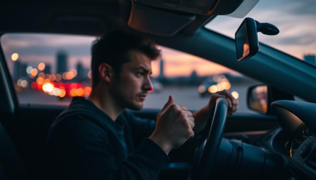 A person in their late twenties, visibly anxious, is gripping the steering wheel of a car in a tense posture. The interior of the vehicle is well-lit, showcasing a blend of modern technology and classic design elements. In the foreground, we can see the person's hands, slightly trembling, casting subtle shadows across the dashboard, which reflects a worried expression on their face. In the middle ground, a blurred cityscape is visible through the windshield, with traffic lights glowing in the twilight, emphasizing the feeling of anxiety and overwhelm. The background features a dusky sky with soft, fading colors, creating an atmosphere of unease. The lighting should convey a sense of tension, using soft yet dramatic contrasts to highlight the subject's emotional state. A person in their late twenties, visibly anxious, is gripping the steering wheel of a car in a tense posture. The interior of the vehicle is well-lit, showcasing a blend of modern technology and classic design elements. In the foreground, we can see the person's hands, slightly trembling, casting subtle shadows across the dashboard, which reflects a worried expression on their face. In the middle ground, a blurred cityscape is visible through the windshield, with traffic lights glowing in the twilight, emphasizing the feeling of anxiety and overwhelm. The background features a dusky sky with soft, fading colors, creating an atmosphere of unease. The lighting should convey a sense of tension, using soft yet dramatic contrasts to highlight the subject's emotional state.