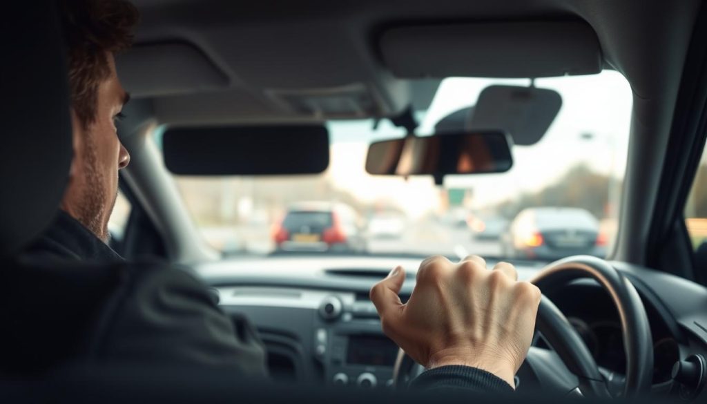 A person sitting nervously in the driver's seat of a car, gripping the steering wheel with a tense expression. In the foreground, close-up focus on their anxious hands, highlighting the white knuckles. In the middle ground, the interior of a car, with the faint outlines of the dashboard and rearview mirror. The background features blurred traffic signals and other cars, suggesting a busy road. Soft, natural lighting filters in through the windshield, creating a mix of shadows and highlights that enhances the feeling of anxiety. The overall atmosphere is tense, capturing the essence of driving anxiety and fear. A person sitting nervously in the driver's seat of a car, gripping the steering wheel with a tense expression. In the foreground, close-up focus on their anxious hands, highlighting the white knuckles. In the middle ground, the interior of a car, with the faint outlines of the dashboard and rearview mirror. The background features blurred traffic signals and other cars, suggesting a busy road. Soft, natural lighting filters in through the windshield, creating a mix of shadows and highlights that enhances the feeling of anxiety. The overall atmosphere is tense, capturing the essence of driving anxiety and fear.