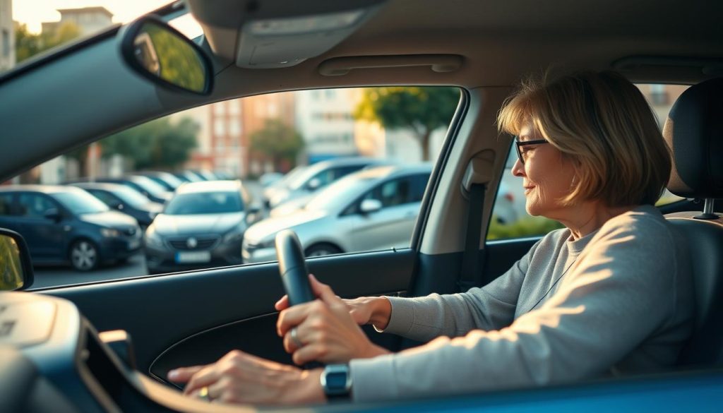 A practical driving lesson scene, showcasing a mother in her late 30s, dressed in casual yet professional attire, concentrating as she practices parking in a small urban space. In the foreground, the car is positioned at a challenging angle, demonstrating the intricacies of parallel parking. The middle ground features parked cars closely lining the street, while the background reveals a cityscape with buildings and trees under soft afternoon sunlight. The lighting casts gentle shadows, creating a warm and inviting atmosphere. The image should convey a sense of determination and focused learning, with an emphasis on the skill of navigating tight spaces. The composition is captured from a slightly elevated angle, providing a clear overview of the parking maneuver. A practical driving lesson scene, showcasing a mother in her late 30s, dressed in casual yet professional attire, concentrating as she practices parking in a small urban space. In the foreground, the car is positioned at a challenging angle, demonstrating the intricacies of parallel parking. The middle ground features parked cars closely lining the street, while the background reveals a cityscape with buildings and trees under soft afternoon sunlight. The lighting casts gentle shadows, creating a warm and inviting atmosphere. The image should convey a sense of determination and focused learning, with an emphasis on the skill of navigating tight spaces. The composition is captured from a slightly elevated angle, providing a clear overview of the parking maneuver.