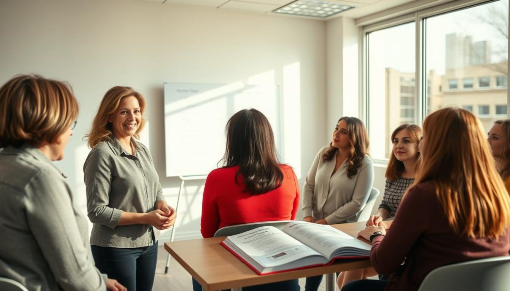A professional and inviting driving school scene in a clean, well-lit classroom environment. In the foreground, a friendly, middle-aged female instructor, dressed in smart casual attire, conducts a small group of attentive adult learners, including a diverse mix of women of various ages and backgrounds. The middle view features a large whiteboard displaying key driving concepts, with an open driving manual placed on a table. In the background, sunlight streams through large windows, casting soft shadows on the floor, enhancing the atmosphere of learning and empowerment. The overall mood is encouraging and supportive, emphasizing safety and confidence in driving education. The image captures the essence of selecting the right driving school and instructor for aspiring drivers. A professional and inviting driving school scene in a clean, well-lit classroom environment. In the foreground, a friendly, middle-aged female instructor, dressed in smart casual attire, conducts a small group of attentive adult learners, including a diverse mix of women of various ages and backgrounds. The middle view features a large whiteboard displaying key driving concepts, with an open driving manual placed on a table. In the background, sunlight streams through large windows, casting soft shadows on the floor, enhancing the atmosphere of learning and empowerment. The overall mood is encouraging and supportive, emphasizing safety and confidence in driving education. The image captures the essence of selecting the right driving school and instructor for aspiring drivers.