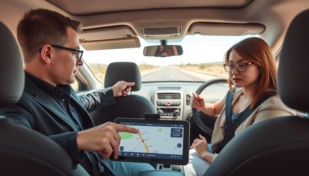 A professional driving instructor and a nervous new driver are practicing route planning in a modern, well-lit vehicle interior. In the foreground, the instructor, wearing business casual attire, points to a digital GPS display, showing a detailed route map with highlighted waypoints. The new driver, dressed in modest casual clothing, looks focused, with hands on the steering wheel, ready to take notes. In the middle ground, an open road stretches ahead through the car's windshield, symbolizing opportunities and the journey to come. The background showcases a bright, sunny day, enhancing the atmosphere of anticipation and learning. The scene is captured with a wide-angle lens, emphasizing the interior and the view outside, creating a lively and motivational mood. A professional driving instructor and a nervous new driver are practicing route planning in a modern, well-lit vehicle interior. In the foreground, the instructor, wearing business casual attire, points to a digital GPS display, showing a detailed route map with highlighted waypoints. The new driver, dressed in modest casual clothing, looks focused, with hands on the steering wheel, ready to take notes. In the middle ground, an open road stretches ahead through the car's windshield, symbolizing opportunities and the journey to come. The background showcases a bright, sunny day, enhancing the atmosphere of anticipation and learning. The scene is captured with a wide-angle lens, emphasizing the interior and the view outside, creating a lively and motivational mood.