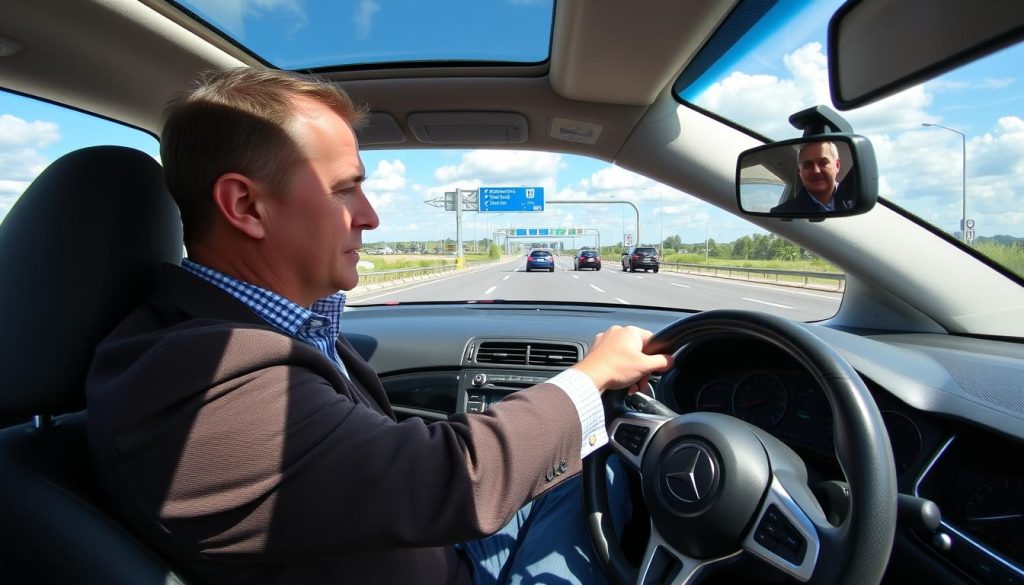 A professional driving instructor demonstrating safe driving techniques on a busy highway. In the foreground, focus on the instructor, a middle-aged man wearing a smart casual outfit, seated in a modern car with a clear view of the dashboard and controls. In the middle ground, show a sleek highway with multiple lanes, other vehicles maintaining a safe distance, and various road signs indicating speed limits and driving rules. The background features a bright blue sky with a few fluffy clouds, emphasizing a clear day. Capture the scene from a slight low angle to highlight the car's position on the road and the surrounding environment. The mood should be focused and educational, with natural lighting enhancing the realism of the scenario. A professional driving instructor demonstrating safe driving techniques on a busy highway. In the foreground, focus on the instructor, a middle-aged man wearing a smart casual outfit, seated in a modern car with a clear view of the dashboard and controls. In the middle ground, show a sleek highway with multiple lanes, other vehicles maintaining a safe distance, and various road signs indicating speed limits and driving rules. The background features a bright blue sky with a few fluffy clouds, emphasizing a clear day. Capture the scene from a slight low angle to highlight the car's position on the road and the surrounding environment. The mood should be focused and educational, with natural lighting enhancing the realism of the scenario.
