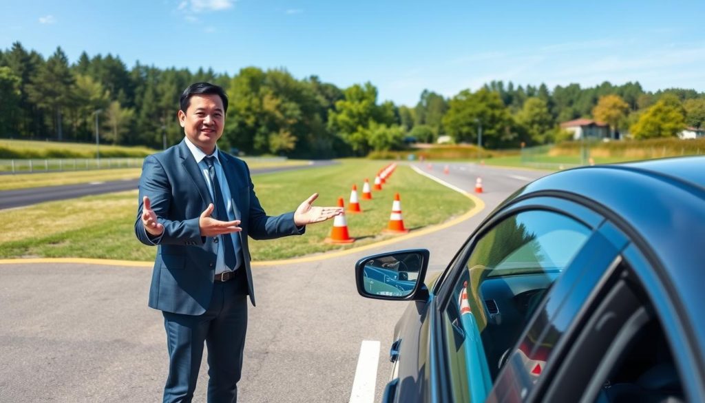 A professional driving instructor demonstrating "車感訓練" in a modern driving school setting. In the foreground, the instructor, dressed in smart casual attire, uses hand gestures to explain distance perception while standing next to a vehicle parked on a driving course. The middle ground showcases an open, well-marked driving track with cones set up for distance judgment practice. In the background, lush greenery and a clear blue sky create a calm atmosphere, emphasizing focus and learning. The image is brightly lit with natural daylight, capturing the scene from a slightly elevated angle to provide a comprehensive view of the instructor and the training environment, conveying a sense of guidance and professionalism.