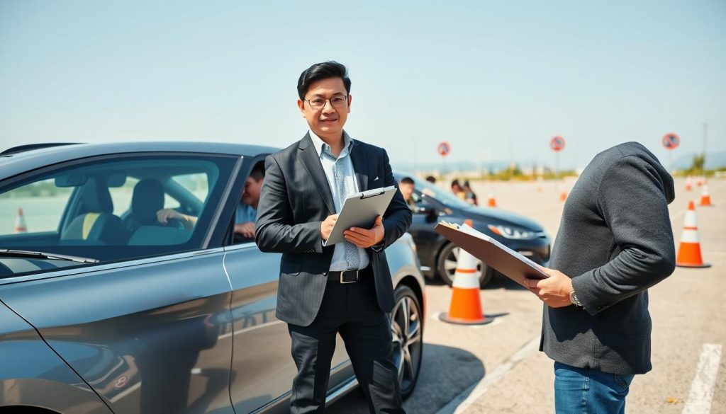A professional driving instructor stands confidently beside a modern car on a driving range. In the foreground, the instructor, a middle-aged Asian man dressed in smart casual attire, holds a clipboard and gestures toward the vehicle, demonstrating teaching techniques. In the middle ground, a diverse group of students, both men and women of various ages, practice driving under the instructor's guidance. The background features a clear blue sky, with traffic cones and road signs positioned neatly, indicating a controlled learning environment. Soft, natural lighting enhances the focus on the instructor and students, creating an atmosphere of professionalism and education. The angle captures the instructor in a teaching role, emphasizing his expertise and the advantages of professional driving lessons.