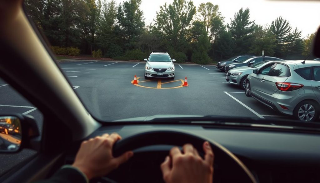 A realistic scene depicting a narrow parking lot with a sharp right-angle turn, showcasing a car carefully navigating the bend. In the foreground, a sedan slowly approaches the turn, with the driver looking intently ahead, demonstrating focused driving technique. The middle layer features a clear view of the turning point, emphasizing the tight dimensions of the space, alongside guiding visuals like cones or marked lines on the asphalt. In the background, other parked cars are neatly arranged, under soft, natural daylight that enhances visibility. The atmosphere is calm yet attentive, reflecting a practical driving situation, ideal for instructional purposes. The angle captures the driver's perspective, creating a sense of realism and engagement in the driving process, with no text or distractions. A realistic scene depicting a narrow parking lot with a sharp right-angle turn, showcasing a car carefully navigating the bend. In the foreground, a sedan slowly approaches the turn, with the driver looking intently ahead, demonstrating focused driving technique. The middle layer features a clear view of the turning point, emphasizing the tight dimensions of the space, alongside guiding visuals like cones or marked lines on the asphalt. In the background, other parked cars are neatly arranged, under soft, natural daylight that enhances visibility. The atmosphere is calm yet attentive, reflecting a practical driving situation, ideal for instructional purposes. The angle captures the driver's perspective, creating a sense of realism and engagement in the driving process, with no text or distractions.