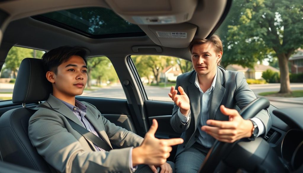 A scene depicting a driving practice session in a quiet suburban area, featuring a young adult in professional business attire seated behind the wheel of a car, looking focused and attentive. The instructor, also in modest casual clothing, gestures clearly, offering guidance and displaying a calm demeanor. In the background, a serene street lined with trees and houses creates a suburban atmosphere, with soft sunlight filtering through the leaves, casting gentle shadows. The image should be taken from an angle that captures both the car cabin and the instructor's supportive stance, highlighting the dynamics of the teaching moment. The overall mood is one of learning, patience, and mutual respect.