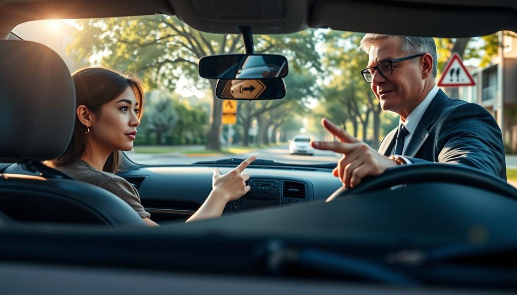 A scene illustrating a driving practice session between a learner and a mentor in a quiet, urban setting. In the foreground, a young adult woman sits in a compact car, gripping the steering wheel with a look of concentration. Next to her, a middle-aged man in professional attire, wearing glasses, gestures with one hand while pointing to a traffic sign ahead. The car, parked on a serene residential street lined with trees, creates a peaceful atmosphere. In the background, soft afternoon sunlight filters through the leaves, casting dappled shadows on the road. The angle captures both the car and the expressions of the driver and mentor. The mood is one of focused learning, emphasizing communication and mentorship in driving education.