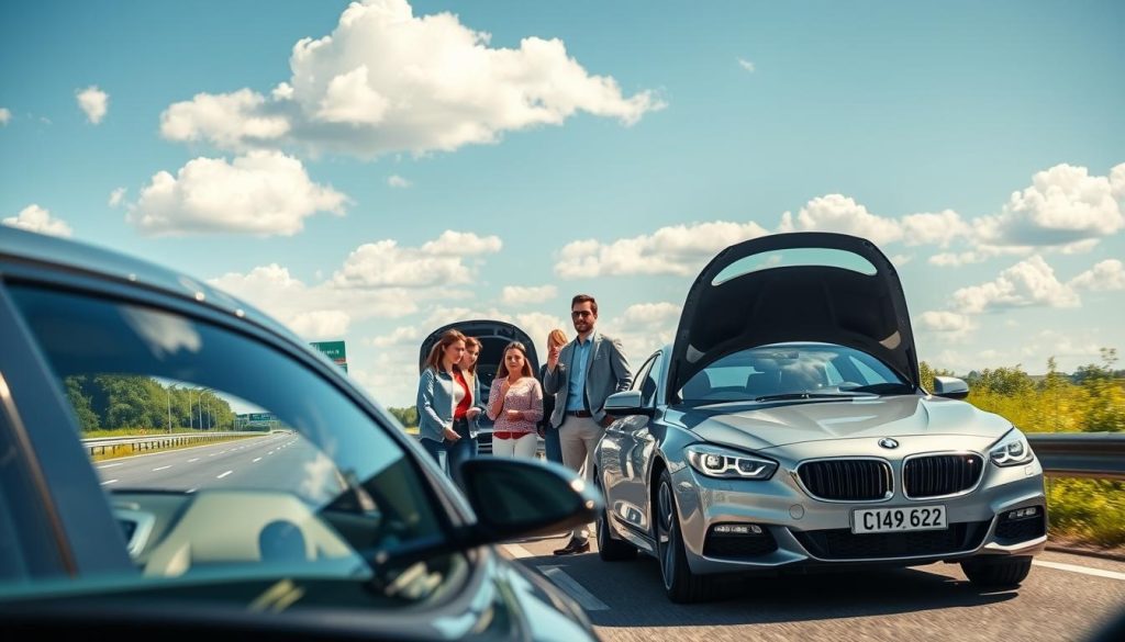 A scenic highway with a focus on road driving, featuring a modern car in the foreground, driven by a professional instructor in smart casual attire, showcasing safe driving techniques. The middle ground includes a few eager students attentively observing and learning as they stand beside another vehicle with an open hood, discussing vehicle maintenance. The background depicts a clear blue sky with fluffy white clouds, well-maintained road signage, and lush greenery alongside the highway, creating a welcoming atmosphere. The lighting is bright and natural, capturing the warmth of a sunny day, with a slight emphasis on the inviting road ahead. The composition should convey a sense of confidence and professionalism in road driving practices, suitable for new learners. A scenic highway with a focus on road driving, featuring a modern car in the foreground, driven by a professional instructor in smart casual attire, showcasing safe driving techniques. The middle ground includes a few eager students attentively observing and learning as they stand beside another vehicle with an open hood, discussing vehicle maintenance. The background depicts a clear blue sky with fluffy white clouds, well-maintained road signage, and lush greenery alongside the highway, creating a welcoming atmosphere. The lighting is bright and natural, capturing the warmth of a sunny day, with a slight emphasis on the inviting road ahead. The composition should convey a sense of confidence and professionalism in road driving practices, suitable for new learners.