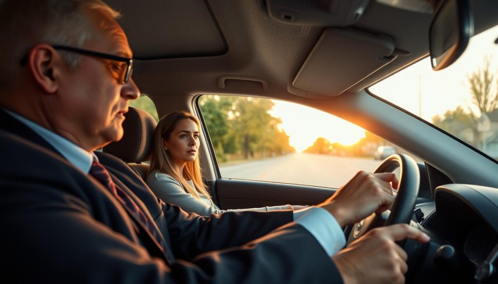 A serene and composed scene depicting a driving instructor guiding a nervous but determined student in a vehicle, focusing on supportive interaction. In the foreground, the instructor, a middle-aged man in professional business attire, offers encouragement, pointing to the road ahead. The student, a young woman in modest casual clothing, sits behind the wheel, gripping the steering wheel with a mix of anxiety and focus. In the middle ground, a calm suburban street lined with trees and houses can be seen, symbolizing a safe driving environment. In the background, a soft sunset casts a warm golden hue over the scene. The atmosphere conveys a sense of reassurance and gradual confidence-building, emphasizing the process of systematic desensitization in overcoming driving anxiety. Use soft lighting for an uplifting effect. A serene and composed scene depicting a driving instructor guiding a nervous but determined student in a vehicle, focusing on supportive interaction. In the foreground, the instructor, a middle-aged man in professional business attire, offers encouragement, pointing to the road ahead. The student, a young woman in modest casual clothing, sits behind the wheel, gripping the steering wheel with a mix of anxiety and focus. In the middle ground, a calm suburban street lined with trees and houses can be seen, symbolizing a safe driving environment. In the background, a soft sunset casts a warm golden hue over the scene. The atmosphere conveys a sense of reassurance and gradual confidence-building, emphasizing the process of systematic desensitization in overcoming driving anxiety. Use soft lighting for an uplifting effect.