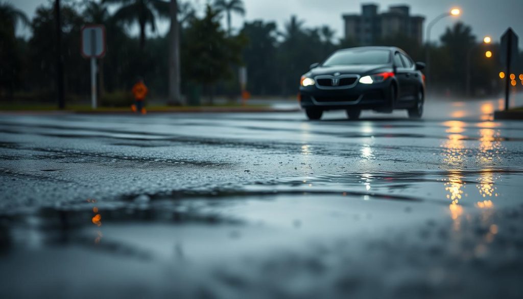 A serene and intense scene depicting a car navigating a rain-soaked road, emphasizing the concept of safe driving in wet conditions. In the foreground, a sleek sedan drives carefully along a winding street, with visible rain streaks on the windshield. The middle ground features reflective puddles on the asphalt, highlighting the water's surface as it catches the faint glow of surrounding streetlights. In the background, blurred shapes of trees and distant buildings fade into a misty atmosphere, enhancing the inclement weather mood. The lighting is soft, casting a calming yet cautious ambiance, suggesting late afternoon with heavy clouds. The angle is slightly low, emphasizing the car's maneuvering capabilities while capturing the essence of safe driving techniques during rainstorms. The overall atmosphere conveys focus and vigilance, illustrating essential skills for avoiding skidding on wet roads.