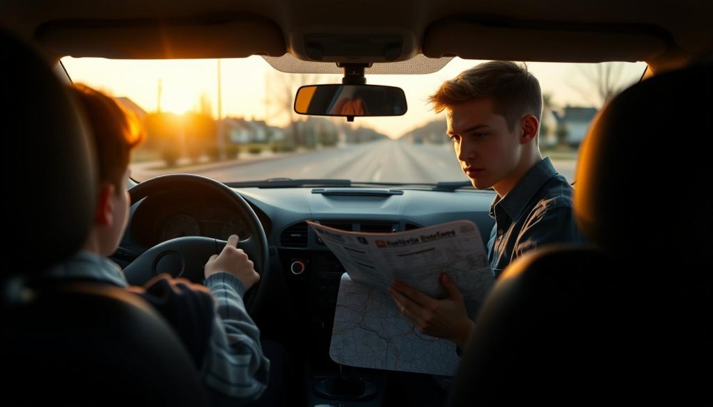 A serene, captured moment inside a car where a young person sits in the driver's seat, showing a mix of anxiety and focus. The individual, dressed in smart casual attire, holds the steering wheel tightly while glancing at a roadmap on their lap, suggesting preparation and guidance. In the foreground, a steering wheel and dashboard create an immersive driving atmosphere. The middle ground features a softly blurred rearview mirror reflecting a road stretching into the distance, symbolizing the journey ahead. The background showcases a calm suburban street bathed in golden hour light, infusing the scene with warmth. The mood conveys a blend of apprehension and hope, emphasizing the transformative power of Cognitive Behavioral Therapy in managing driving anxiety. A serene, captured moment inside a car where a young person sits in the driver's seat, showing a mix of anxiety and focus. The individual, dressed in smart casual attire, holds the steering wheel tightly while glancing at a roadmap on their lap, suggesting preparation and guidance. In the foreground, a steering wheel and dashboard create an immersive driving atmosphere. The middle ground features a softly blurred rearview mirror reflecting a road stretching into the distance, symbolizing the journey ahead. The background showcases a calm suburban street bathed in golden hour light, infusing the scene with warmth. The mood conveys a blend of apprehension and hope, emphasizing the transformative power of Cognitive Behavioral Therapy in managing driving anxiety.