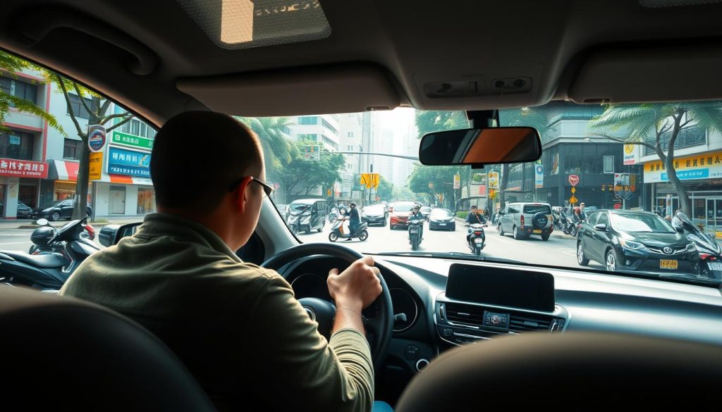 A serene city street in Taichung, Taiwan, showcasing a bustling urban environment. In the foreground, a focused driver in a modest casual outfit manages a car with a calm demeanor, gripping the steering wheel with confidence. The middle ground reveals a complex intersection with a mix of scooters and cars, highlighting the busy traffic unique to the area. The background features vibrant city buildings and green trees under soft, diffused sunlight, creating a warm atmosphere. A slight blur emphasizes the driver's concentration, capturing the essence of mental preparedness while driving. The overall mood is one of calm focus amidst the activity, illustrating the importance of staying composed in a crowded urban setting. A serene city street in Taichung, Taiwan, showcasing a bustling urban environment. In the foreground, a focused driver in a modest casual outfit manages a car with a calm demeanor, gripping the steering wheel with confidence. The middle ground reveals a complex intersection with a mix of scooters and cars, highlighting the busy traffic unique to the area. The background features vibrant city buildings and green trees under soft, diffused sunlight, creating a warm atmosphere. A slight blur emphasizes the driver's concentration, capturing the essence of mental preparedness while driving. The overall mood is one of calm focus amidst the activity, illustrating the importance of staying composed in a crowded urban setting.