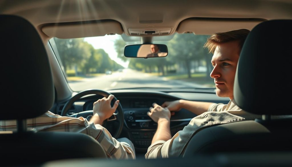 A serene driving environment depicting a confident driver in modest casual clothing, seated in a modern car. The foreground features the driver focusing intently on the road, with hands on the steering wheel and a composed facial expression that reflects determination. In the middle ground, the dashboard displays clear indicators and controls, emphasizing the connection between the driver and the vehicle. The background reveals a sunny street scene with trees lining the road, suggesting a peaceful suburban area. Soft sunlight filters through the car windows, creating a warm and inviting atmosphere. The image captures a sense of empowerment and tranquility, illustrating the process of facing driving fears with confidence. A serene driving environment depicting a confident driver in modest casual clothing, seated in a modern car. The foreground features the driver focusing intently on the road, with hands on the steering wheel and a composed facial expression that reflects determination. In the middle ground, the dashboard displays clear indicators and controls, emphasizing the connection between the driver and the vehicle. The background reveals a sunny street scene with trees lining the road, suggesting a peaceful suburban area. Soft sunlight filters through the car windows, creating a warm and inviting atmosphere. The image captures a sense of empowerment and tranquility, illustrating the process of facing driving fears with confidence.