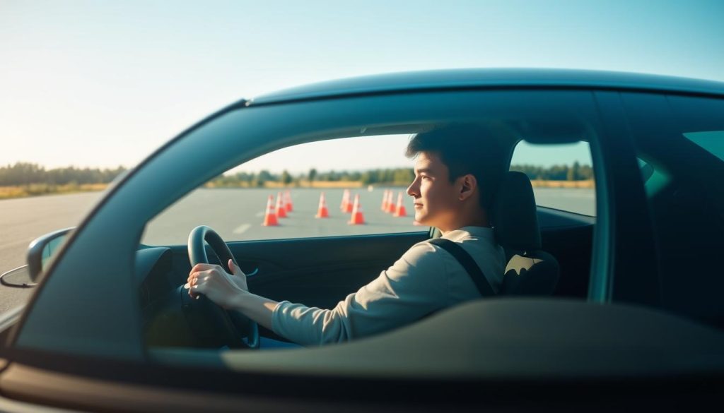 A serene driving practice scene in an open, empty parking lot under soft morning light. In the foreground, a young adult wearing modest casual clothing, focused and confident, sits in the driver's seat of a compact car, hands gently gripping the steering wheel. In the middle ground, outline cones are set up in a pattern, demonstrating a step-by-step driving exercise for beginners. The background features a clear blue sky and distant trees, enhancing the atmosphere of calm and focus. The composition captures the gradual transition from apprehension to confidence, showcasing the importance of a structured practice plan and goal setting in driving. The lighting should create a warm, motivating ambiance, emphasizing positivity and learning. A serene driving practice scene in an open, empty parking lot under soft morning light. In the foreground, a young adult wearing modest casual clothing, focused and confident, sits in the driver's seat of a compact car, hands gently gripping the steering wheel. In the middle ground, outline cones are set up in a pattern, demonstrating a step-by-step driving exercise for beginners. The background features a clear blue sky and distant trees, enhancing the atmosphere of calm and focus. The composition captures the gradual transition from apprehension to confidence, showcasing the importance of a structured practice plan and goal setting in driving. The lighting should create a warm, motivating ambiance, emphasizing positivity and learning.