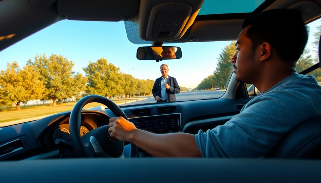 A serene driving practice scene showcasing a diverse individual behind the wheel of a modern car, practicing driving skills on a quiet, tree-lined suburban street. The foreground features the person, dressed in modest casual clothing, with a focused expression, hands gripping the steering wheel. In the middle ground, a few traffic cones are laid out on the road to indicate a practice area, while a driving instructor stands nearby, providing guidance with an encouraging demeanor. The background is dotted with soft, green trees under a clear blue sky, invoking a calm and reassuring atmosphere. The lighting is warm and inviting, simulating a late afternoon, and the image captures a slight perspective from the passenger's side to emphasize the driving practice and the supportive environment. A serene driving practice scene showcasing a diverse individual behind the wheel of a modern car, practicing driving skills on a quiet, tree-lined suburban street. The foreground features the person, dressed in modest casual clothing, with a focused expression, hands gripping the steering wheel. In the middle ground, a few traffic cones are laid out on the road to indicate a practice area, while a driving instructor stands nearby, providing guidance with an encouraging demeanor. The background is dotted with soft, green trees under a clear blue sky, invoking a calm and reassuring atmosphere. The lighting is warm and inviting, simulating a late afternoon, and the image captures a slight perspective from the passenger's side to emphasize the driving practice and the supportive environment.