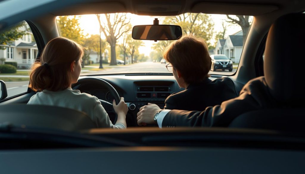 A serene driving scene depicting a learner driver practicing with a family member in a quiet neighborhood environment. In the foreground, a young adult in modest casual clothing is concentrating on steering a car, with their family member, dressed in professional business attire, attentively coaching them. The middle ground features the car on a calm street lined with trees and houses, suggesting a supportive atmosphere for learning. Soft, natural lighting filters through the trees, creating a warm and encouraging mood. In the background, additional neighborhood elements like parked cars and distant pedestrians subtly enhance the community feel, emphasizing the importance of choosing the right companion for driving practice. The angle captures the car from the side, highlighting both individuals engaged in the learning process without any distractions or text.