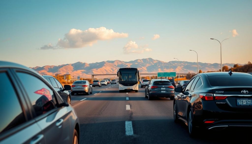 A serene highway scene illustrating stable driving on a busy freeway. In the foreground, a diverse range of vehicles including cars and a large bus, maintaining a safe distance from each other, are captured in sharp focus. The middle ground features a wide, smooth asphalt road lined with safety barriers and well-marked lanes. In the background, faint mountains are bathed in warm, golden sunlight, creating an inviting atmosphere. The sky is clear blue with a hint of fluffy white clouds, enhancing the sense of tranquility. The shot is taken from a slightly elevated angle, giving viewers a broad perspective of the highway dynamics. The overall mood conveys a sense of safety and calmness, emphasizing the importance of stable driving techniques.