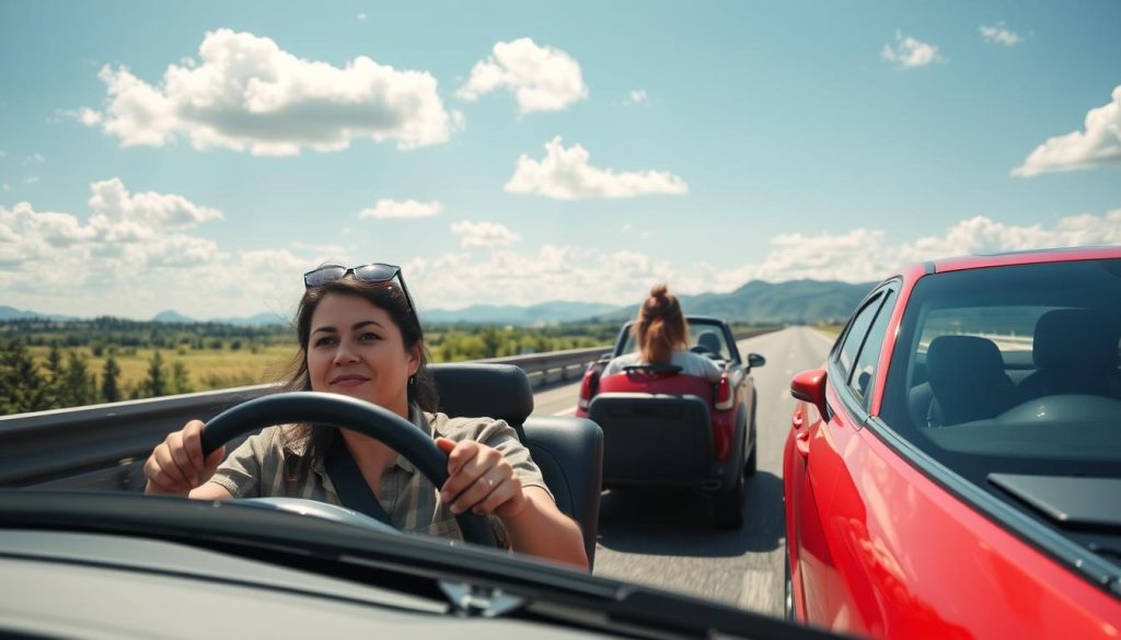 A serene highway scene showcasing a diverse group of women drivers in modern cars, each confidently navigating the open road. In the foreground, a mother in modest casual attire is driving with a focused expression, gripping the steering wheel, as she approaches a scenic view. In the middle ground, two vehicles of different colors are seen cruising beside her, conveying a sense of camaraderie among female drivers. The background features a sunny blue sky with fluffy clouds, alongside lush green landscapes and distant mountains. The lighting is bright and uplifting, reflecting a warm afternoon atmosphere. The angle is slightly elevated, capturing the excitement and confidence of long-distance driving on a bustling highway, perfect for illustrating essential points on road driving techniques and preparation. A serene highway scene showcasing a diverse group of women drivers in modern cars, each confidently navigating the open road. In the foreground, a mother in modest casual attire is driving with a focused expression, gripping the steering wheel, as she approaches a scenic view. In the middle ground, two vehicles of different colors are seen cruising beside her, conveying a sense of camaraderie among female drivers. The background features a sunny blue sky with fluffy clouds, alongside lush green landscapes and distant mountains. The lighting is bright and uplifting, reflecting a warm afternoon atmosphere. The angle is slightly elevated, capturing the excitement and confidence of long-distance driving on a bustling highway, perfect for illustrating essential points on road driving techniques and preparation.