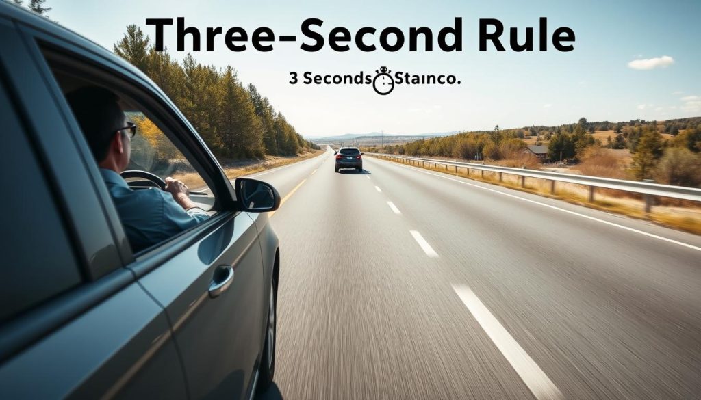 A serene road scene illustrating the "Three-Second Rule" for safe driving distance. In the foreground, a car is positioned alongside a marked road with clear lane lines, showcasing a driver in professional attire focused on the road ahead. The middle ground features another vehicle driving at a safe distance, with visual indicators, such as a stopwatch graphic, subtly overlaying the scene to symbolize the three seconds. The background captures a scenic landscape of trees and a clear sky, lending an air of calm and safety to the environment. The lighting is bright and natural, suggesting a sunny day, with a wide-angle perspective that emphasizes the spaciousness of the road. The mood is instructive and reassuring, perfect for emphasizing safe driving practices.