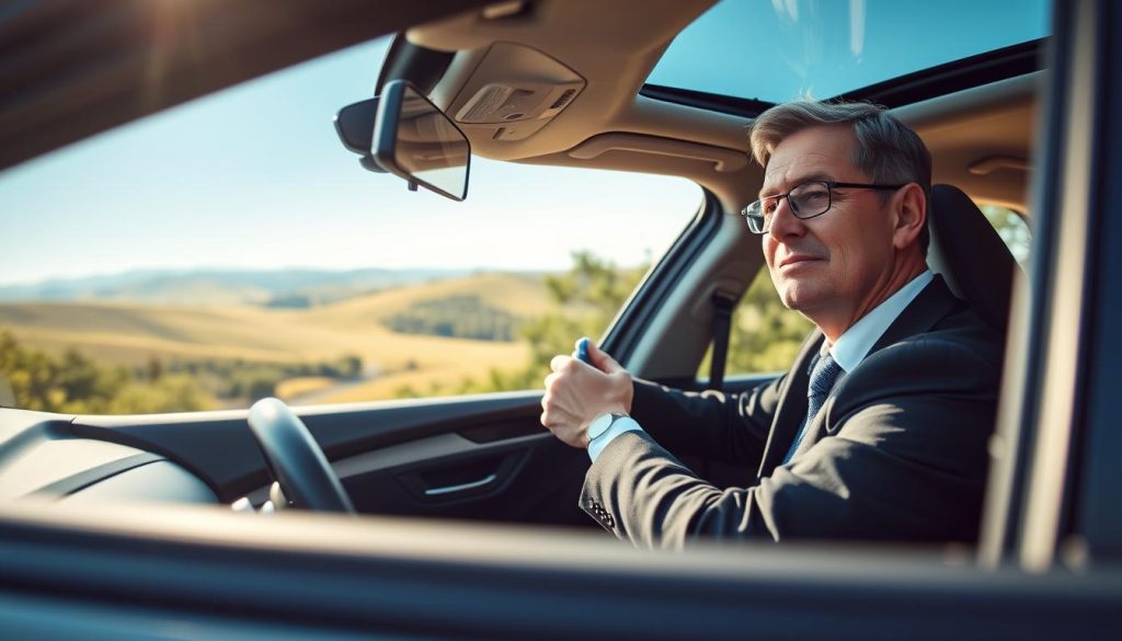 A serene scene depicting a calm driver in a modern car, surrounded by a lush landscape that embodies tranquility. In the foreground, a middle-aged person, dressed in professional business attire, grips the steering wheel with a relaxed expression, illustrating the idea of conquering driving anxiety. The middle section features gentle rolling hills and a clear blue sky, suggesting a peaceful journey. In the background, soft sunlight filters through trees, creating a warm and inviting atmosphere. The composition should be framed from a slight side angle, emphasizing the driver’s face and hands, while highlighting the car's interior to evoke a sense of safety and comfort. The overall mood is one of reassurance and stability, symbolizing effective short-term coping strategies for driving-related fears. A serene scene depicting a calm driver in a modern car, surrounded by a lush landscape that embodies tranquility. In the foreground, a middle-aged person, dressed in professional business attire, grips the steering wheel with a relaxed expression, illustrating the idea of conquering driving anxiety. The middle section features gentle rolling hills and a clear blue sky, suggesting a peaceful journey. In the background, soft sunlight filters through trees, creating a warm and inviting atmosphere. The composition should be framed from a slight side angle, emphasizing the driver’s face and hands, while highlighting the car's interior to evoke a sense of safety and comfort. The overall mood is one of reassurance and stability, symbolizing effective short-term coping strategies for driving-related fears.