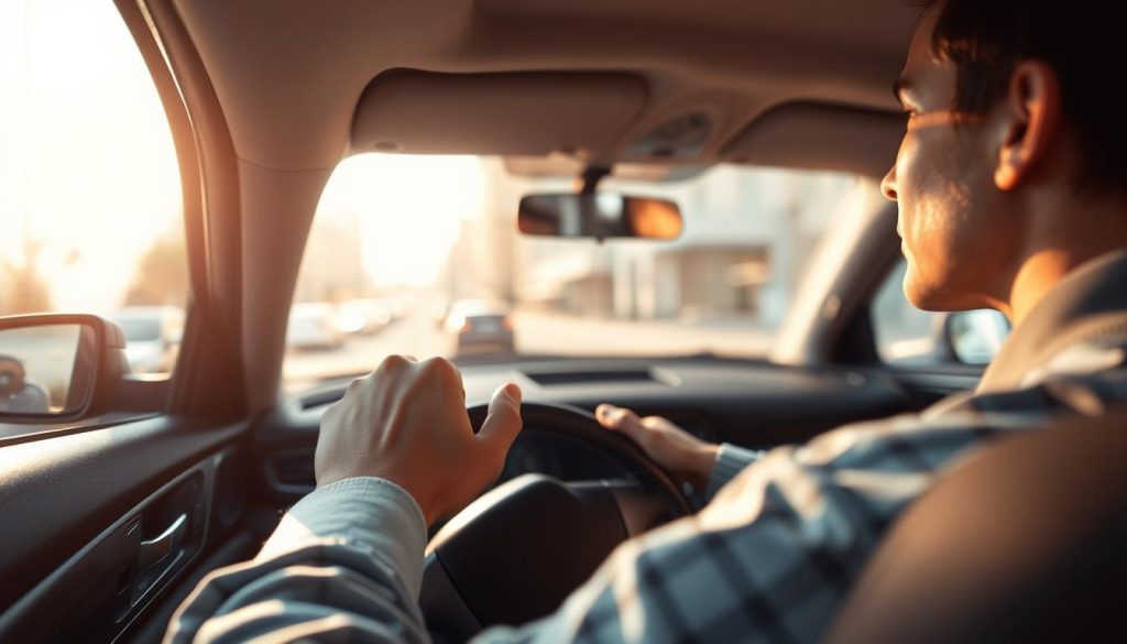 A serene scene of a person sitting in the driver's seat of a car, gripping the steering wheel with a look of determination mixed with anxiety. The foreground features a close-up of their hands, suggesting tension and focus. In the middle ground, a slightly blurred view of a bustling city street can be seen through the windshield, illustrating the outside world that feels overwhelming. The background showcases a bright, sunny day with soft, diffused light filtering through the car windows, creating a warm yet anxious atmosphere. The interior of the car is clean and modern, suggesting a safe space. The overall mood is one of struggle and resilience, emphasizing the importance of self-regulation techniques in overcoming driving anxiety. A serene scene of a person sitting in the driver's seat of a car, gripping the steering wheel with a look of determination mixed with anxiety. The foreground features a close-up of their hands, suggesting tension and focus. In the middle ground, a slightly blurred view of a bustling city street can be seen through the windshield, illustrating the outside world that feels overwhelming. The background showcases a bright, sunny day with soft, diffused light filtering through the car windows, creating a warm yet anxious atmosphere. The interior of the car is clean and modern, suggesting a safe space. The overall mood is one of struggle and resilience, emphasizing the importance of self-regulation techniques in overcoming driving anxiety.