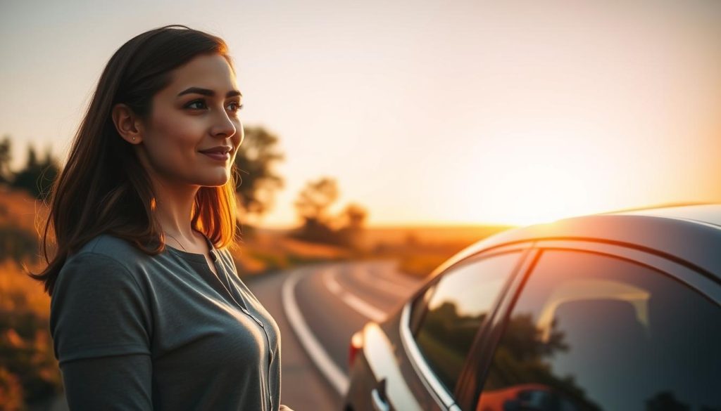 A serene setting featuring a confident young woman standing beside a parked car, bathed in warm, soft sunlight during golden hour. In the foreground, she gazes thoughtfully into the distance, with a gentle smile that conveys self-encouragement. She is dressed in smart casual clothing, reflecting a sense of professionalism and approachability. The middle ground showcases a tranquil road winding through a picturesque landscape of green trees and rolling hills, symbolizing the journey of overcoming fear. In the background, the sun sets, casting a warm glow that enhances the optimistic atmosphere. The image should evoke feelings of empowerment and positivity, with gentle natural lighting highlighting her features and the surrounding beauty. A serene setting featuring a confident young woman standing beside a parked car, bathed in warm, soft sunlight during golden hour. In the foreground, she gazes thoughtfully into the distance, with a gentle smile that conveys self-encouragement. She is dressed in smart casual clothing, reflecting a sense of professionalism and approachability. The middle ground showcases a tranquil road winding through a picturesque landscape of green trees and rolling hills, symbolizing the journey of overcoming fear. In the background, the sun sets, casting a warm glow that enhances the optimistic atmosphere. The image should evoke feelings of empowerment and positivity, with gentle natural lighting highlighting her features and the surrounding beauty.